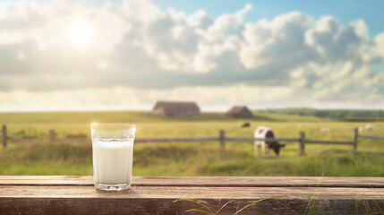 Milk glass on wooden table with field background