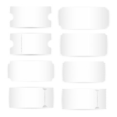 Set realistic white template of coupon, ticket, boarding pass,voucher with one stub rip line and shadow.