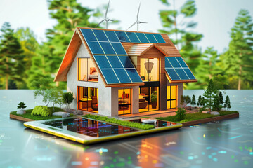 Conceptual digital art of an eco-friendly miniature house with solar panels and wind turbines on a tablet, set in a lush forest environment, representing sustainable living and renewable energy integr