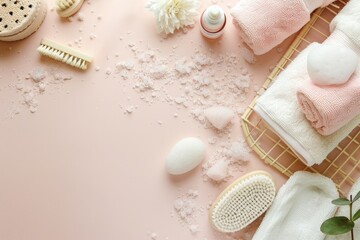 Assorted skincare products with natural bristle brushes and towels on pastel pink background - obrazy, fototapety, plakaty