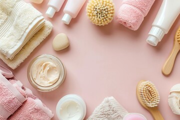 Assorted skincare products with natural bristle brushes and towels on pastel pink background - obrazy, fototapety, plakaty