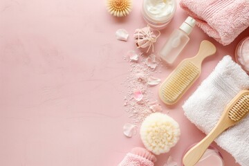 Fototapeta na wymiar Assorted skincare products with natural bristle brushes and towels on pastel pink background