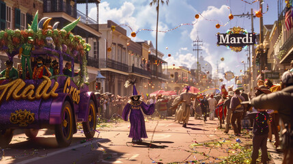 A jubilant Mardi Gras parade with floats and revelers, featuring "Mardi Gras" written in bold, festive font.