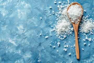 Sea salt crystals on a wooden spoon over a turquoise textured background