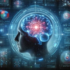 human brain analysis data blue technology background digital