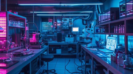 A neon colored lab with a white table and a few items on it