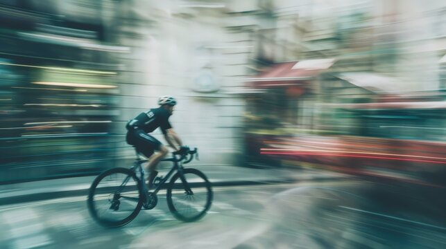 A blurry image of a man riding a bicycle down a street