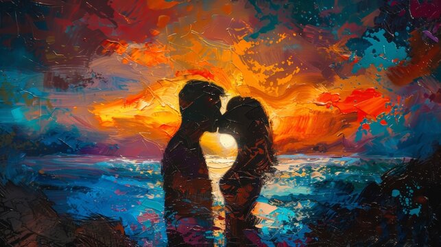 A painting of a couple kissing on a beach at sunset