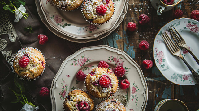 Muffins served with vintage cutlery and plates