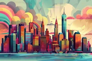 New York skyline art deco illustration, stained glass window with architecture, geometric patterns featuring colorful buildings, detailed cityscapes - obrazy, fototapety, plakaty