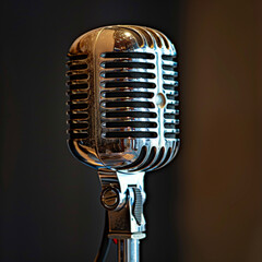 Vintage Microphone, An antique microphone shines with a golden hue against a dark backdrop.