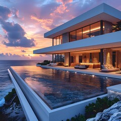 Exquisite Luxury Villa Exterior Showcased at Twilight with Ocean Backdrop - Ideal for High-end Real Estate Market