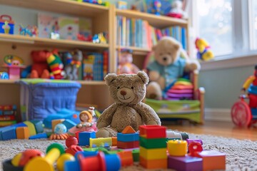 A teddy bear, a colorful designer in the children's room. A bright and cozy room with a plush carpet on the floor and shelves filled with books and toys in the background.