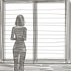 Pencil Sketch of a Woman Standing by a Window with Striped Blinds