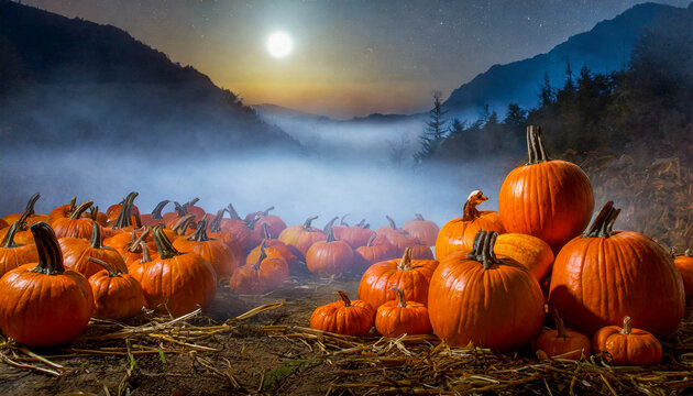 Moody and creepy pumpkin patch at night with cold mist and stars in the sky and hills on background for Halloween