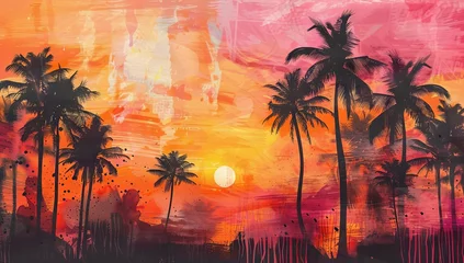 Foto op Canvas Tropical sunset landscape with palm trees and vivid colors © volga