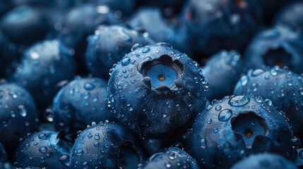 A pile of fresh blueberries wide view image with water dew on the surface of the blueberries backgrounds - obrazy, fototapety, plakaty