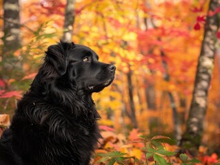 "Beautiful Newfoundland Dog Relaxing in Lush Forest Setting"