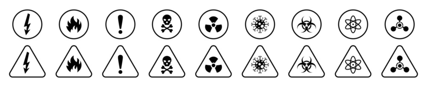 Danger sign collection, Warning Symbol set.,Atomic Danger Icon, Nuclear Radiation Icon, Toxic icons .Vector Illustration