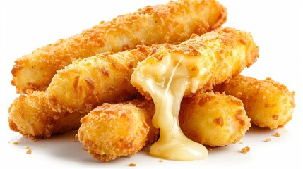 Golden crispy cheese sticks with melting cheese on white background