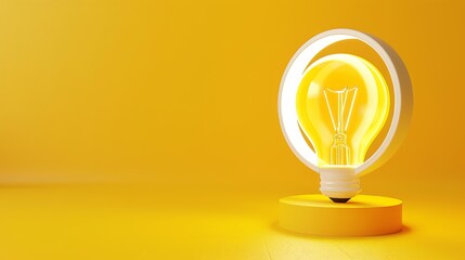 Bright idea concept with glowing light bulb on yellow background
