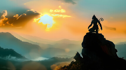 Watercolor illustration of a strong hanuman silhouette on mountain top.