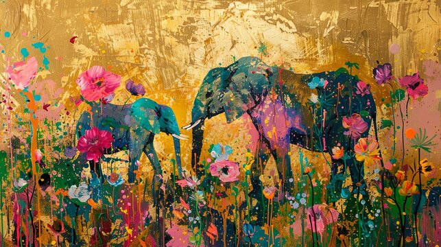 Painting of elephants among flowers on a golden background. The concept of abstract wildlife painting.
