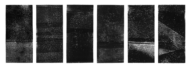 Linocut, relief printing rectangle shapes, wide stripes rough textures set. Paint roller stains, lino ink grungy geometric figure. Black, white artistic linocutting textured backgrounds, text frames.