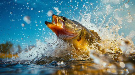 Exhilarating capture of a largemouth bass leaping out of the water with droplets flying, set against a vibrant blue sky.