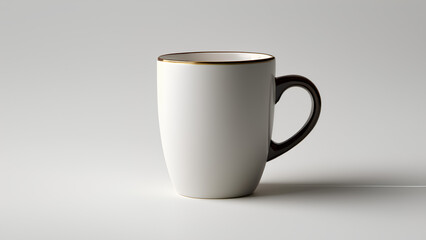 Elegant white mug with gold trim, minimalistic design, coffee essentials, Isolated on White background - obrazy, fototapety, plakaty