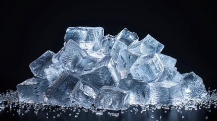 Stack of transparent ice cubes on a black background