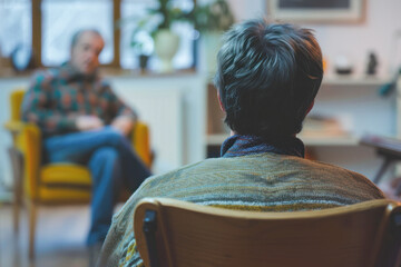 A man sitting with his back turned in a psychologist's office