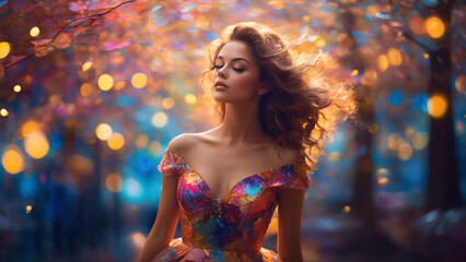 Young long-haired woman wearing colorful dress enjoying the wind, bokeh lights, night forest.