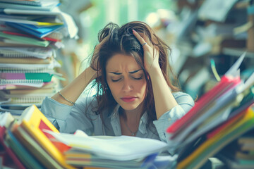 A woman holds her head while sitting at a table with large stacks of books, textbooks, and notebooks. Worker or student is tired