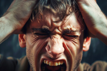 Close-up of a man holding his head and screaming from stress