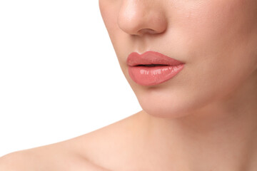 Obraz na płótnie Canvas Woman wearing beautiful lip gloss on white background, closeup