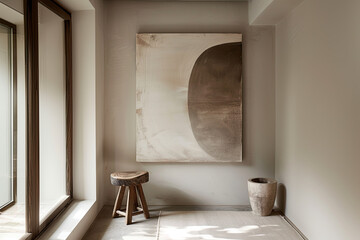 Minimalist interior with a large vertical poster on a light gray wall, a wooden stool with a clay jug, a large glass door with a wooden frame.