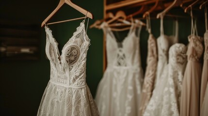 Beautiful white wedding dress on boutique hanger