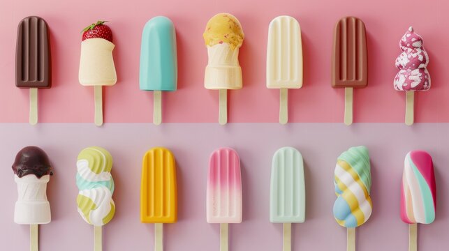 Various tasty sweet Ice cream sticks isolated on pastel colors background. 