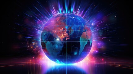 Abstract holographic globe surrounded by digital data streams, global connectivity