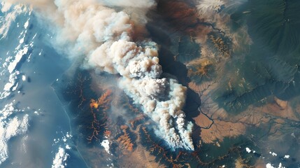 Satellite Imagery Captures Extensive Wildfire Smoke Plume Drifting Over Populated Region - obrazy, fototapety, plakaty