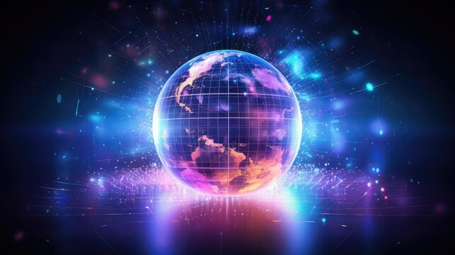 Abstract holographic globe surrounded by digital data streams, global connectivity
