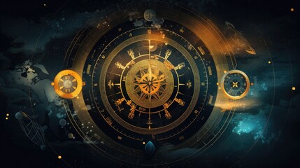 Digital compass surrounded by abstract symbols online navigation