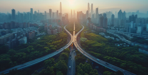 Aerial View of Highway in a City - obrazy, fototapety, plakaty