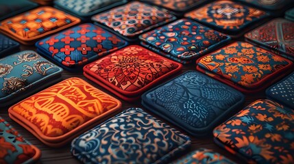 A collection of colorful computer mouse pads with unique patterns and textures, adding style and functionality to a solid background