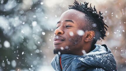 Portrait of an African American person in winter day. 