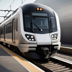 Naklejka premium Modern Train in Motion on Railway at Sunset