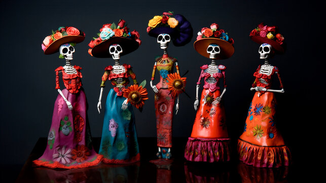 Catrina dolls standing in front of a black background, with colorful dresses and hats in different poses, isolated on a dark backdrop