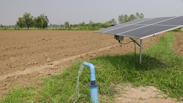 Solar panel for groundwater pump in agricultural field during drought by El Nino phenomenon.