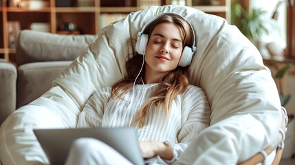 Fototapeta premium Woman relaxes and listens to music, leans back and rests